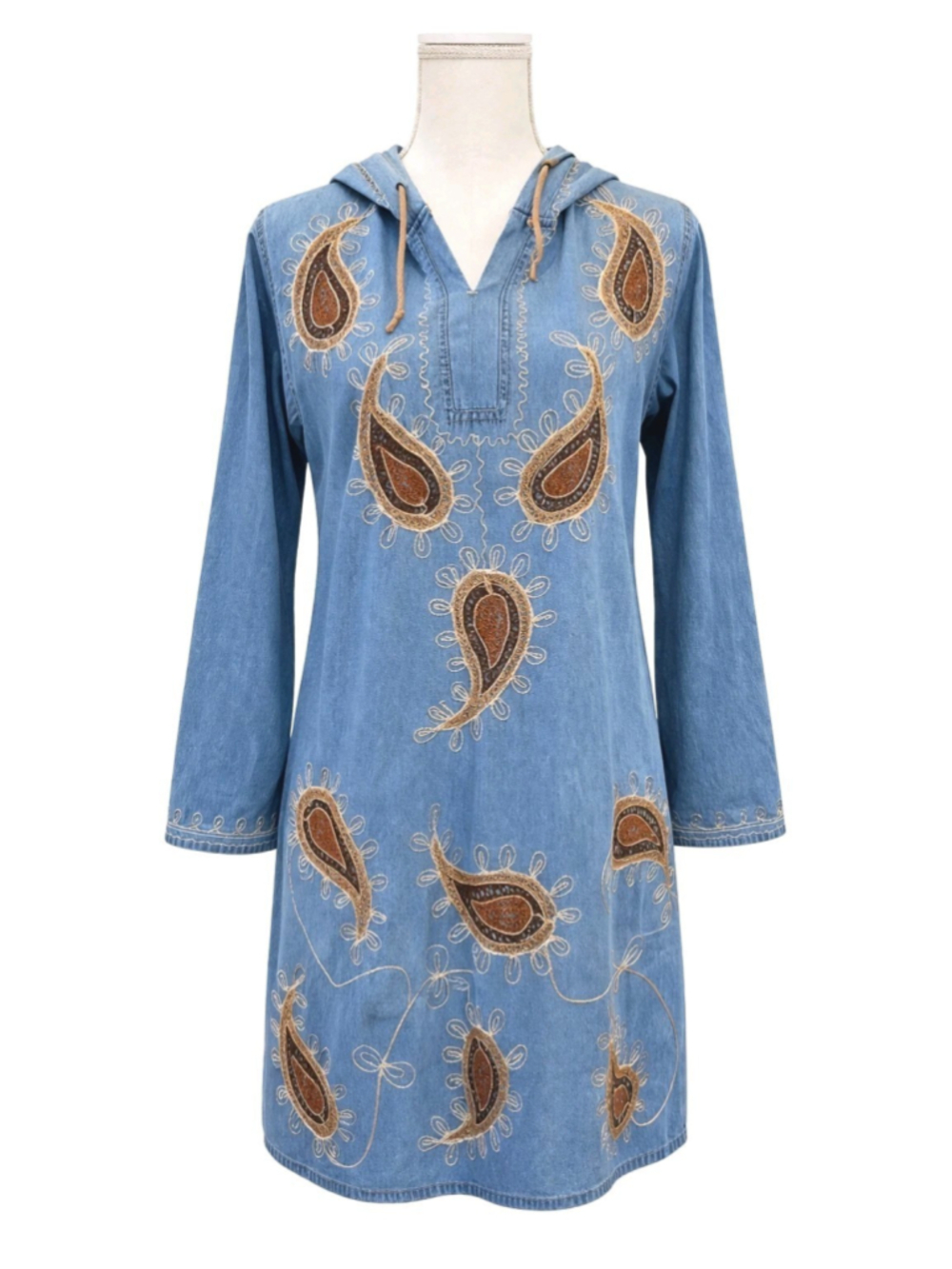 BB Fashion Denim Hooded Embroidered Paisley Dress SzM Boho Western Tunic Coastal